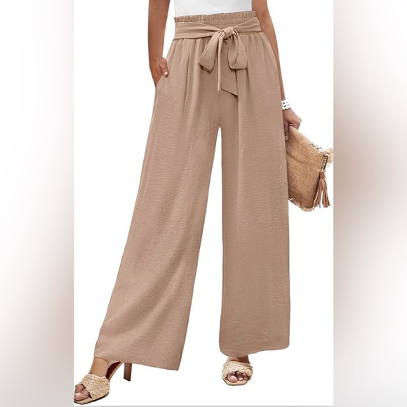 Pants - Tan Wide-Leg Pants with Tie Waist